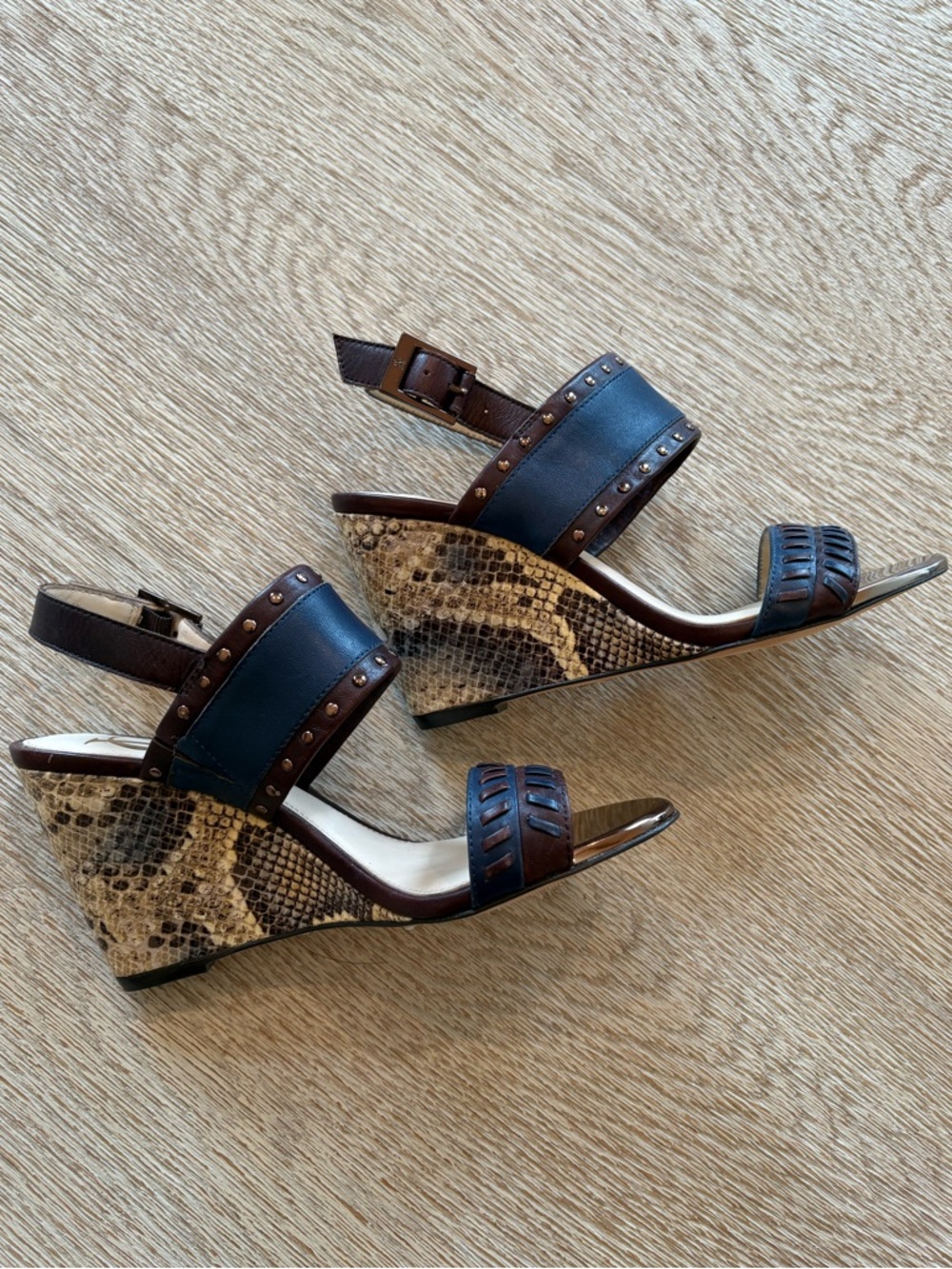 Vero Cuoio Strappy Sandals in Coffee and Navy with Snake-Print Wedge Heel.